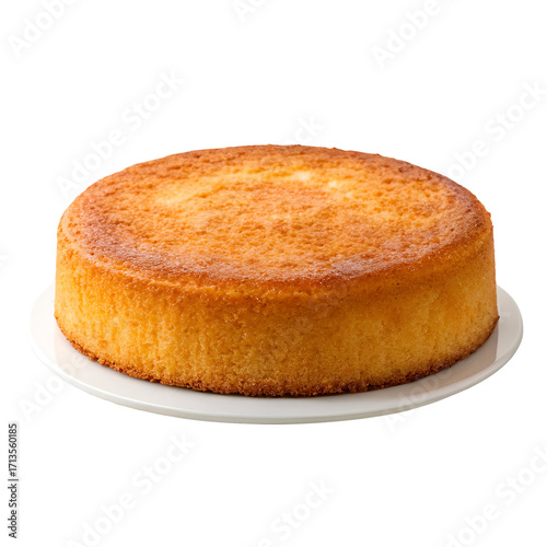 Golden Brown Round Sponge Cake on White Plate Isolated on Black round cake baked