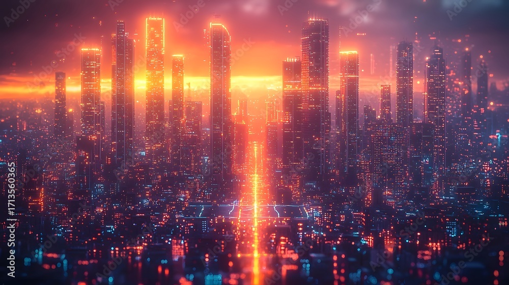 Fototapeta premium Futuristic urban nightscape bathed in vibrant neon light from towering skyscrapers and illuminated pathways