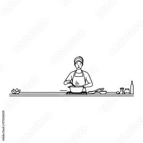 Black and White Vector Illustration of a Smiling Woman Cooking in Kitchen with Apron and Headband
