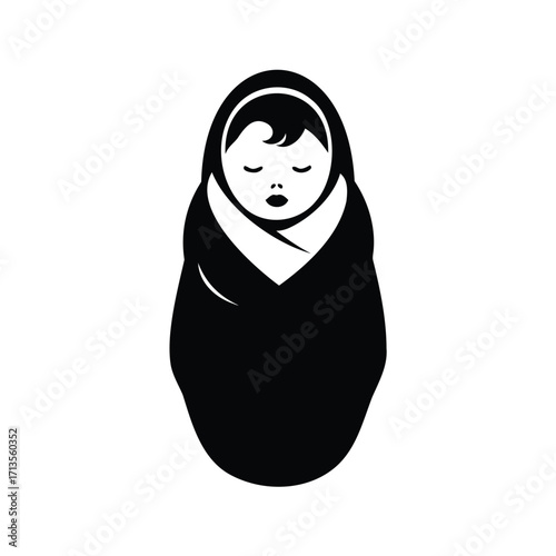 Stylized monochromatic illustration of a baby swaddled in a blanket for nursery decor, newborn baby wrapped in blanket silhouette vector illustration