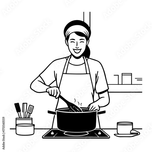 Black and White Vector Illustration of a Smiling Woman Cooking in Kitchen with Apron and Headband
