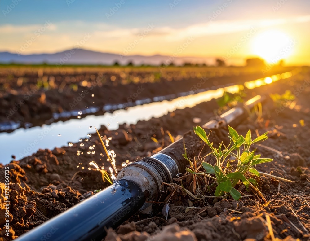 Obraz premium Drip Irrigation Pipe Watering Plants at Dawn in Agricultural Field
