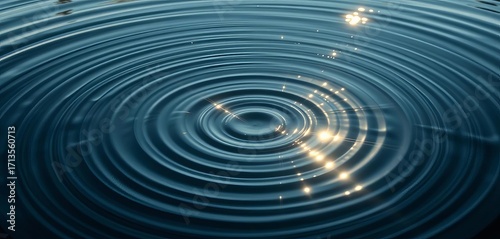Concentric circles expanding on a still water surface, sunlight glinting,  nature,  movement