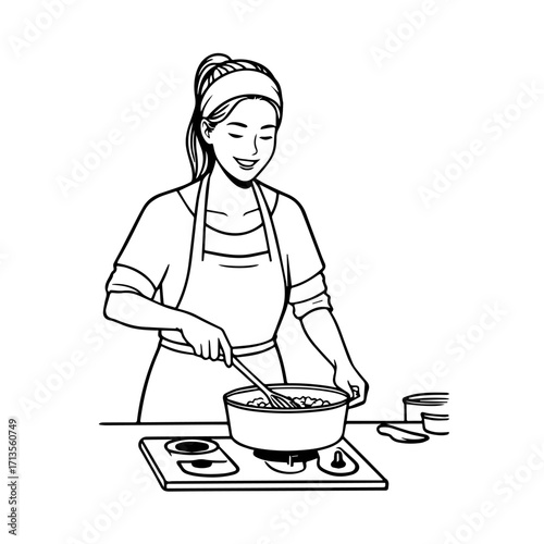 Black and White Vector Illustration of a Smiling Woman Cooking in Kitchen with Apron and Headband
