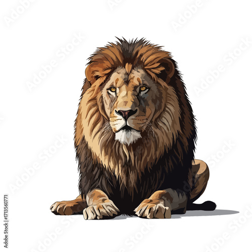 Majestic illustrated male lion with a powerful mane sitting regally, exuding strength and leadership