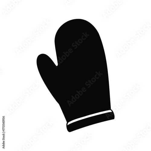 Single black winter mitten depicted in a simple silhouette style illustration, oven mitts silhouette vector illustration