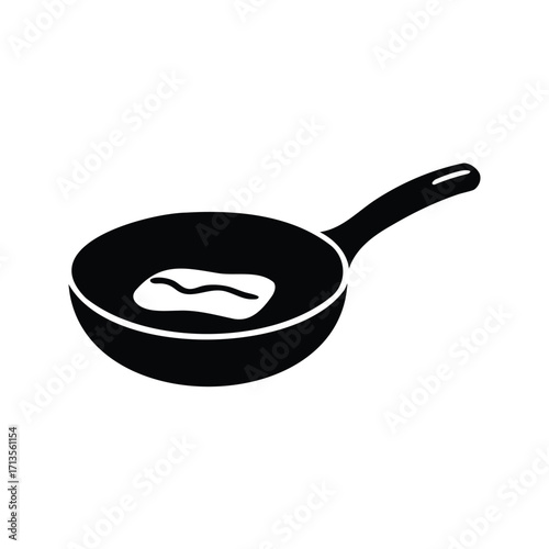 Black silhouette illustration of frying pan with food ingredient inside vector image, pan with steak silhouette vector illustration