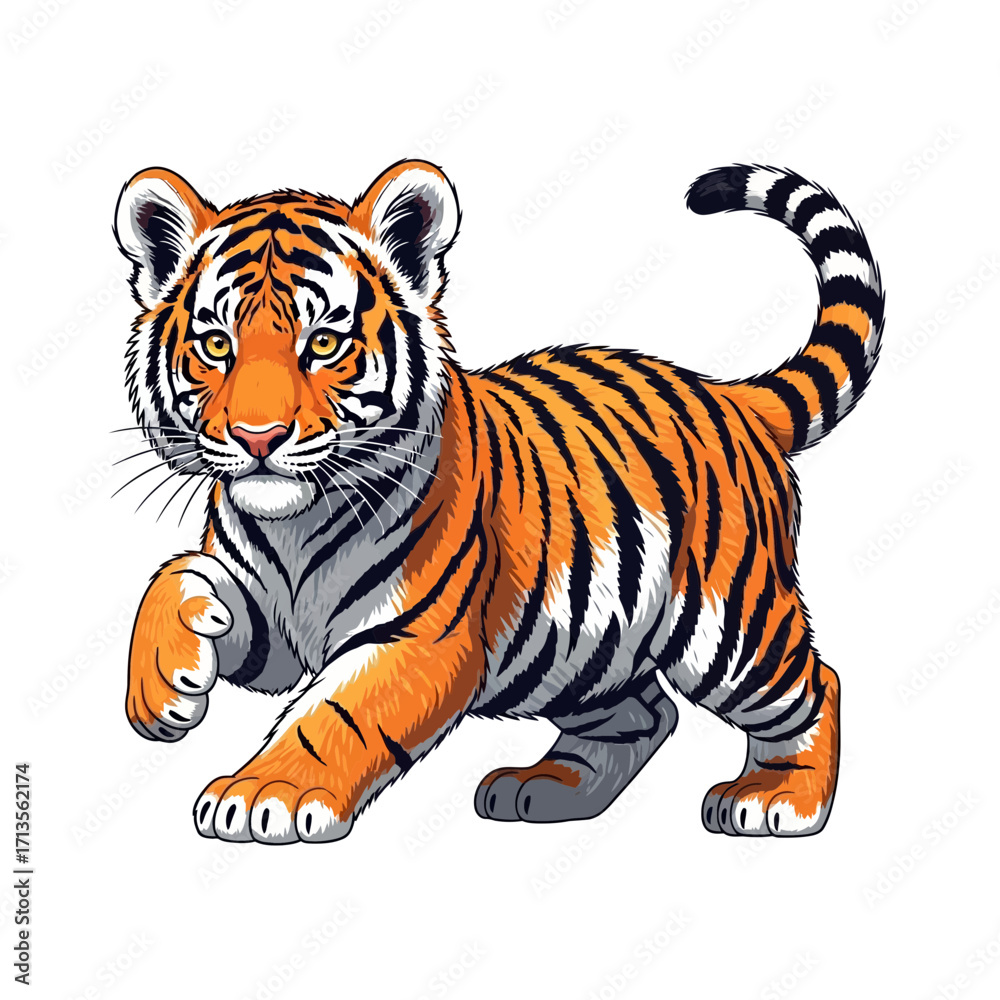 Obraz premium Charming orange tiger cub with expressive whiskers, vector drawing