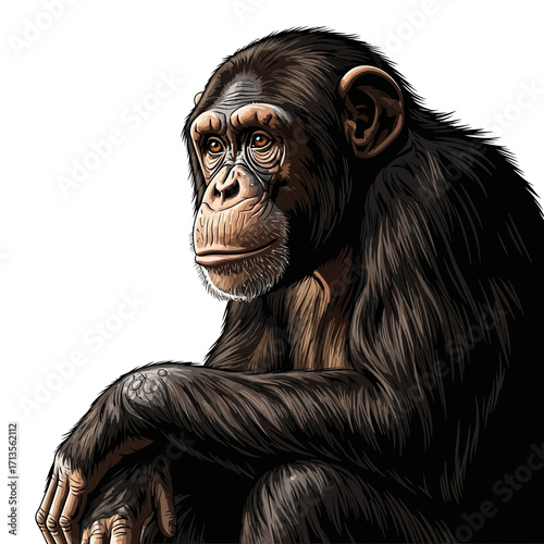 Striking Illustration of a Thoughtful Chimpanzee with Intelligent Eyes and Dark Fur, Portraying Natural Curiosity and Primate Grace