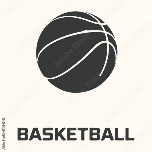 Vector art of a simple, graphic illustration of a black basketball with white lines, set against a plain, light beige background with the word basketball in bold, dark letters below