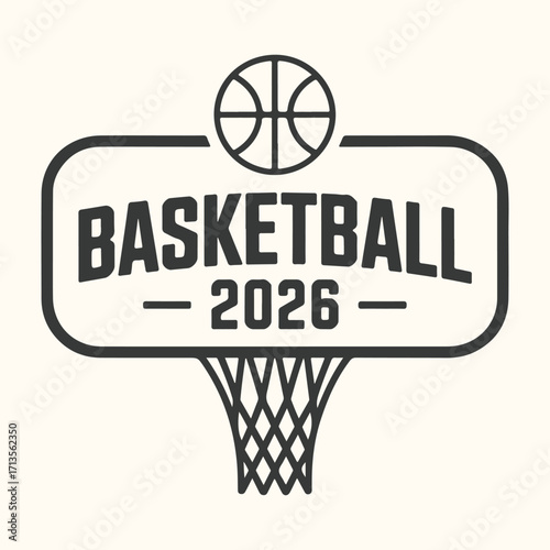 Vector art of basketball 2026 logo with a basketball and net, isolated on a light cream background