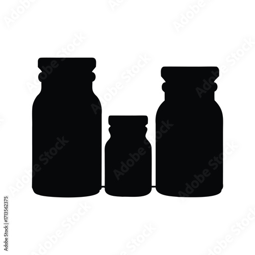 Silhouette of three glass jars of varying sizes, neatly aligned together, spices jars silhouette vector illustration