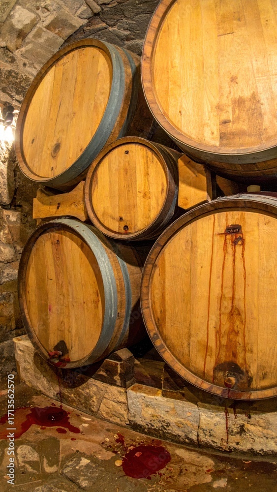 Fototapeta premium Wooden Wine Barrels in Cave Cellar with Red Wine Spills on Floor