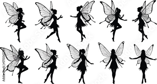 Set of fairy silhouettes with detailed wings, magical poses, fantasy art illustration, whimsical characters, enchanted design for storytelling and decoration
