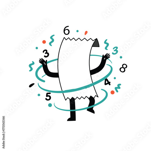Receipt dancer mascot twirling numbers in ribbon stroke vector style black teal flat design isolated