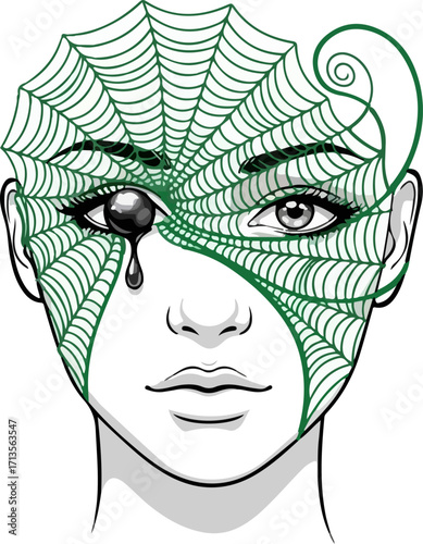 A womans face is adorned with an intricate green spiderweb design, with one eye covered by a black orb and a single tear, isolated on white background