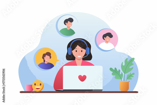Customer service representative with headphones and laptop connecting with clients through video calls and messages