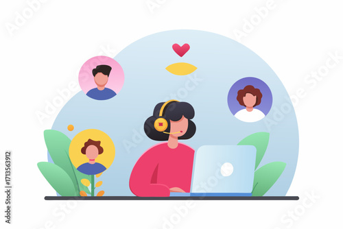 Customer service agent with headset and laptop communicating with clients through video calls and online support