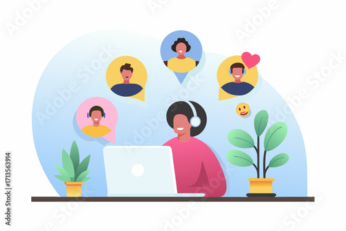 Diverse people connecting online through video calls and chat bubbles with emojis and plants