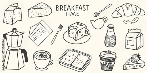 Hand drawn collection of breakfast food and drink items with the words breakfast time