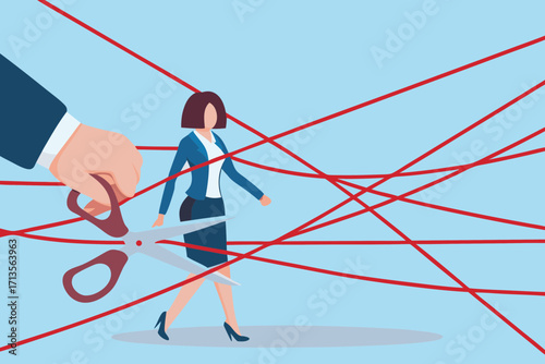 Businesswoman walking through red tape being cut by scissors representing overcoming obstacles