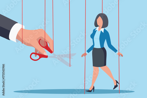 Hand holding scissors to cut strings controlling a businesswoman puppet