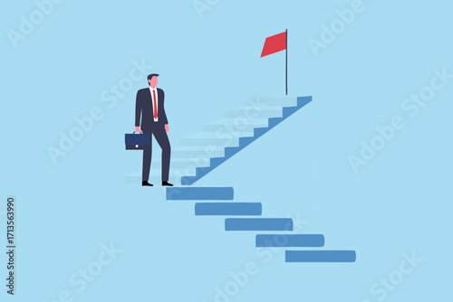 Businessman standing on stairs looking at red flag representing goal achievement and career success