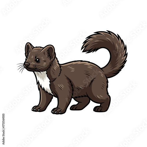 Charming Cartoon Marten Illustration Standing Alert with Expressive Whiskers and Soft Brown Fur