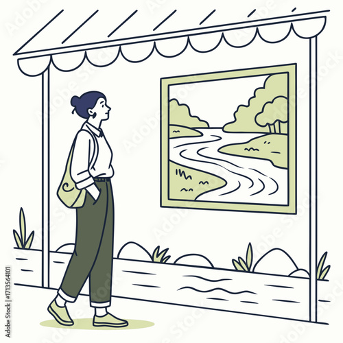 Woman admiring a landscape painting at an outdoor exhibit