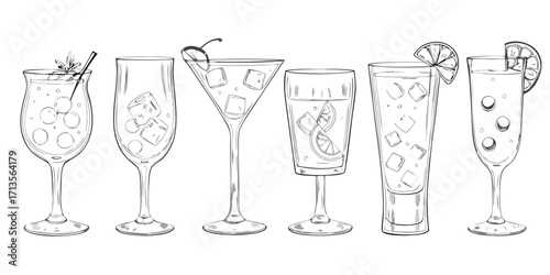 Collection of six hand drawn cocktail glasses filled with ice and garnishes on a white background