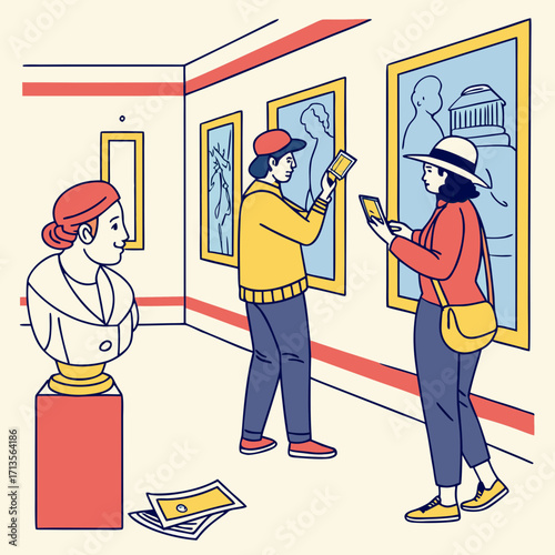 Visitors admiring art in a museum with sculptures and framed paintings on walls