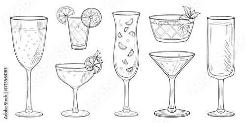 Collection of hand drawn cocktail glasses filled with refreshing drinks and garnished with citrus slices and mint leaves