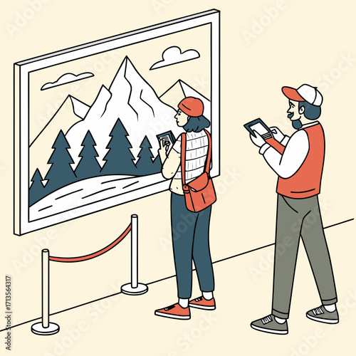 Two people are taking pictures of a mountain landscape painting in a gallery
