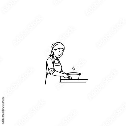 Black and White Vector Illustration of a Smiling Woman Cooking in Kitchen with Apron and Headband
