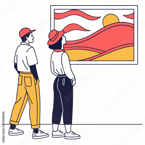 Two people admiring a vibrant landscape painting at an art gallery