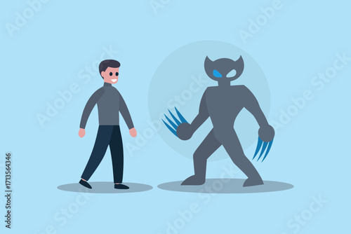 Man confronts a shadowy monster with sharp claws and glowing blue eyes