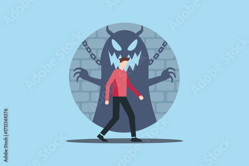 Man walks forward unaware of the looming monstrous shadow behind him representing fear or inner demons