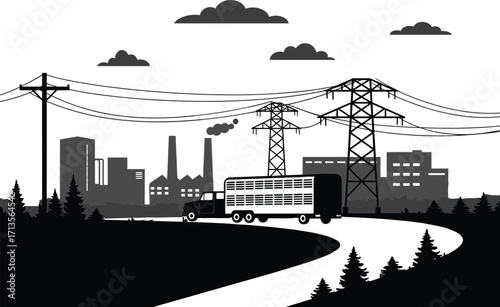 Industrial landscape with power transmission lines, truck on curved road, electricity towers, factory buildings, energy infrastructure, transportation, and urban skyline silhouette illustration