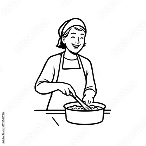 Black and White Vector Illustration of a Smiling Woman Cooking in Kitchen with Apron and Headband
