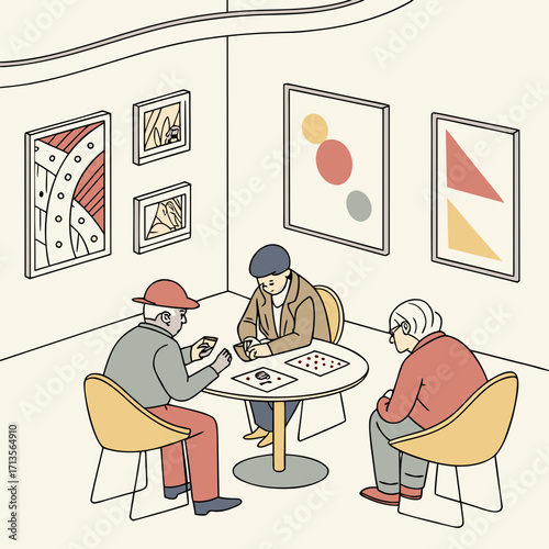 People playing cards in an art gallery with geometric paintings on the wall