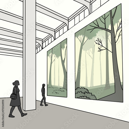 People viewing forest paintings in a modern art gallery