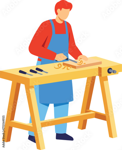 Craftsman working on wood project on sawhorses vector