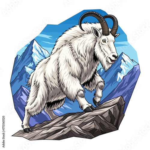 Powerful Alpine Mountain Goat Standing Firmly on Craggy Rocks in its Natural Mountain Habitat