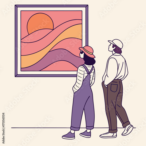 People admiring abstract art in a gallery with a sunset theme