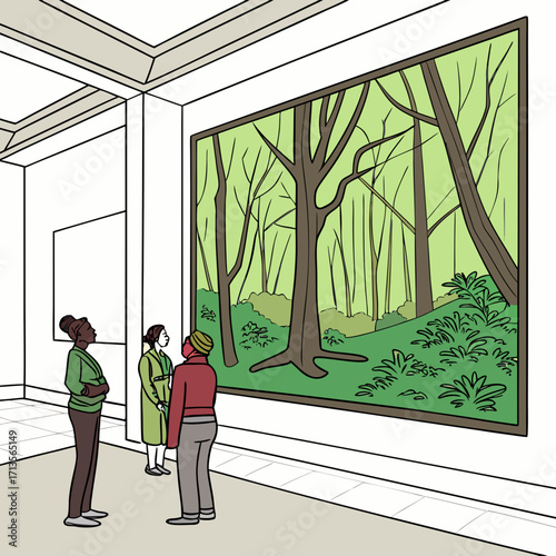 People admiring a painting of a forest in an art gallery