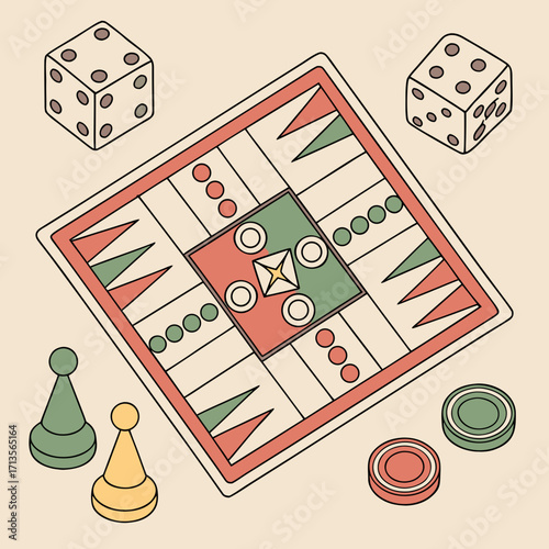 Overhead shot of a backgammon board with dice and playing pieces scattered