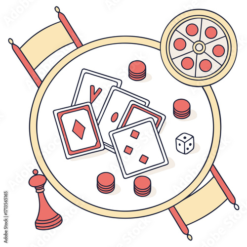 Overhead shot of a round table with cards, roulette, and poker chips