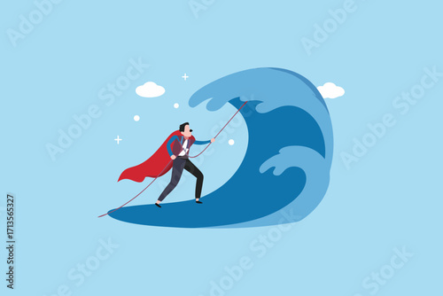 Superhero businessman in red cape surfing a giant blue wave with a rope symbolizing control and determination