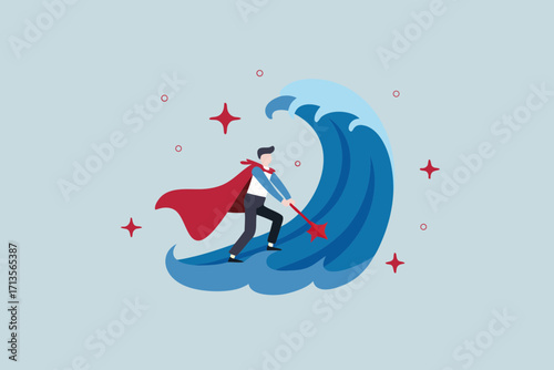 Superhero businessman bravely rides a giant wave with a star wand overcoming challenges