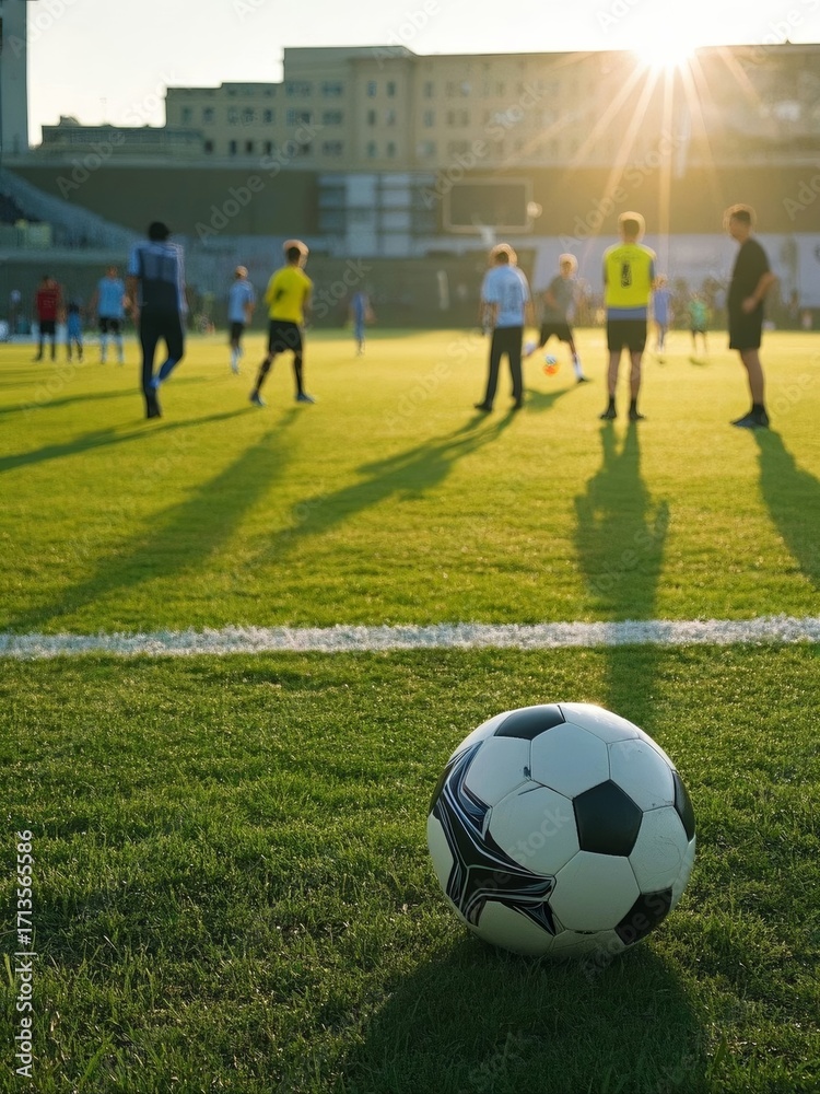 Fototapeta premium Soccer ball on grass with players practicing in the background during sunset